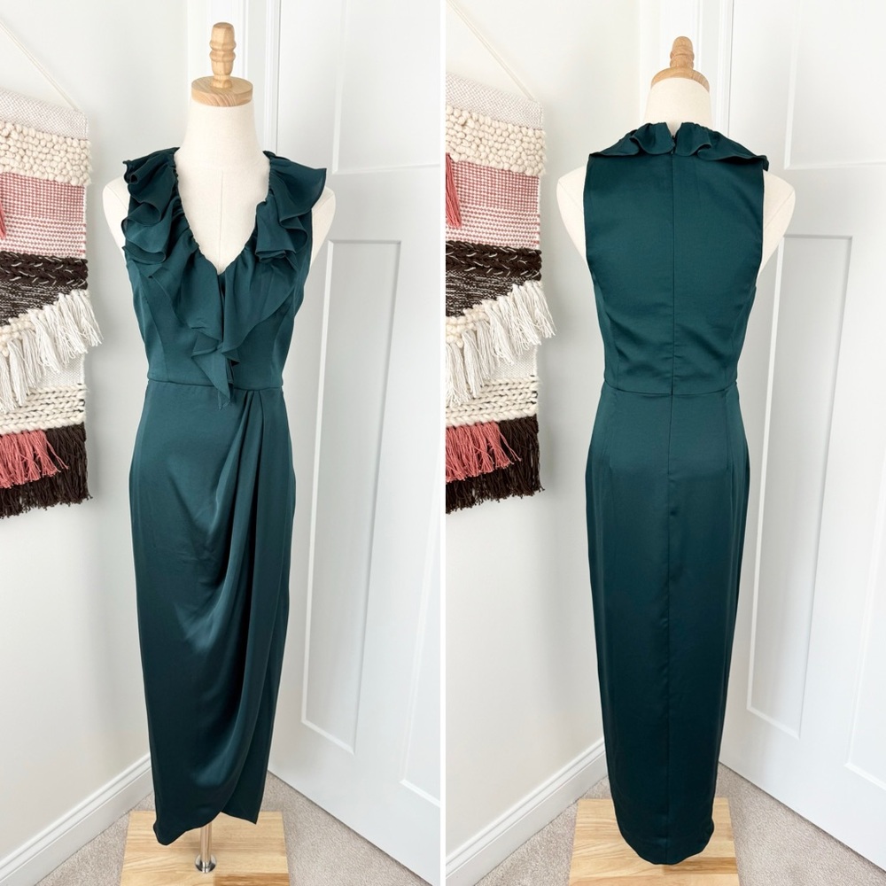 Shona Joy Luxe Plunge Frill Dress Emerald Green Sz 4 - Picture 5 of 10